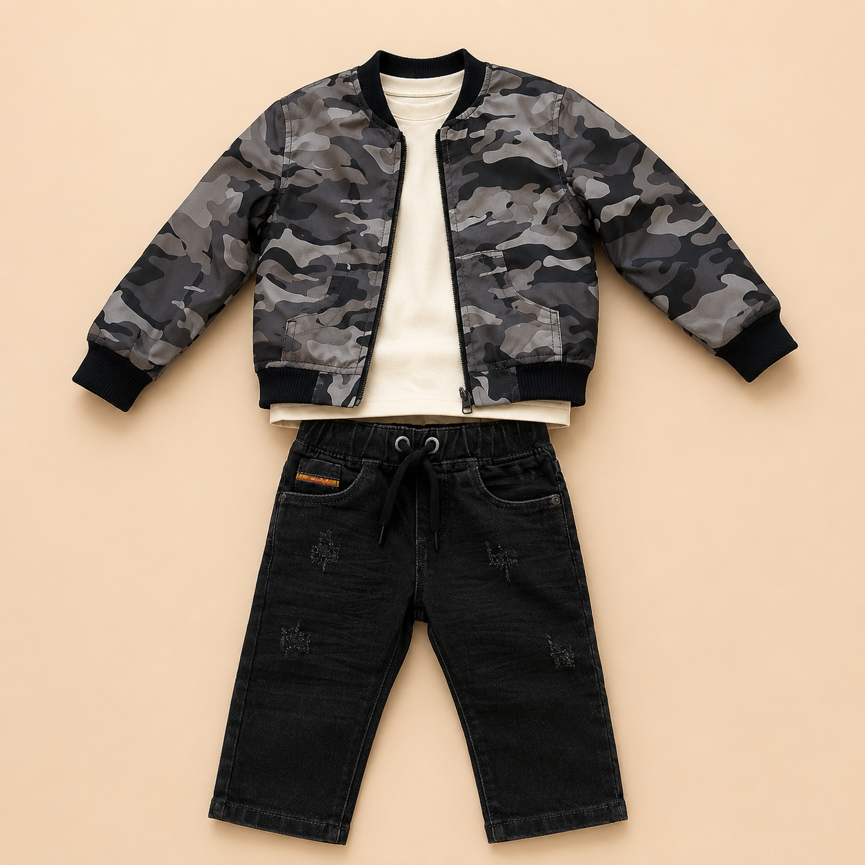⭕️ Conjunto 3 Piezas Bebé – Chaqueta Bomber Camuflada, Camiseta Blanca y Jean Negro Bordado
