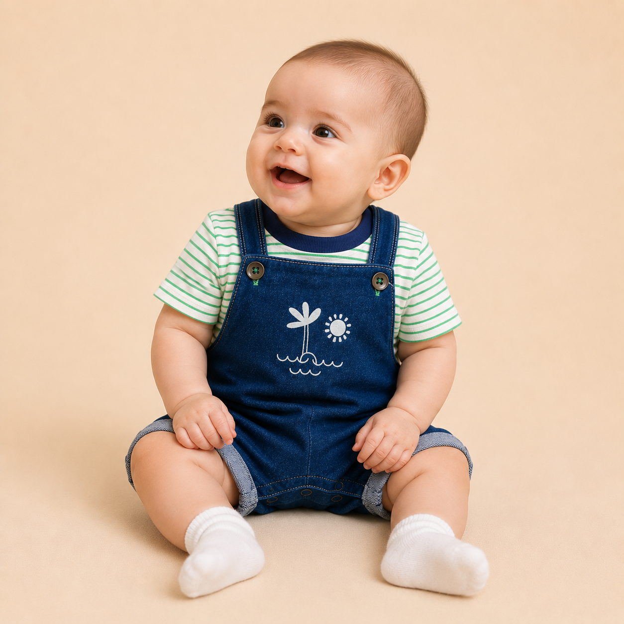 ⭕️ Overol Europeo Tropical Bebé – Peto Denim Azul con Bordado Palmera y Camiseta a Rayas Verde