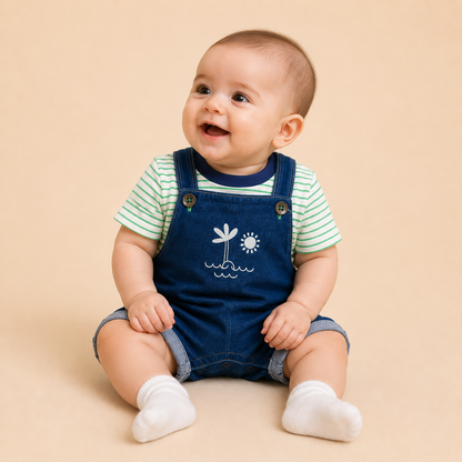 ⭕️ Overol Europeo Tropical Bebé – Peto Denim Azul con Bordado Palmera y Camiseta a Rayas Verde