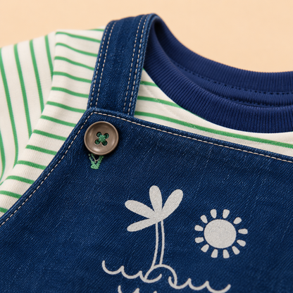 ⭕️ Overol Europeo Tropical Bebé – Peto Denim Azul con Bordado Palmera y Camiseta a Rayas Verde