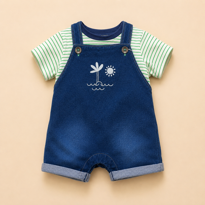 ⭕️ Overol Europeo Tropical Bebé – Peto Denim Azul con Bordado Palmera y Camiseta a Rayas Verde