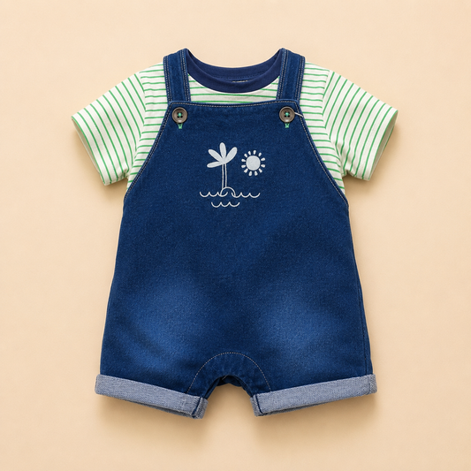 ⭕️ Overol Europeo Tropical Bebé – Peto Denim Azul con Bordado Palmera y Camiseta a Rayas Verde