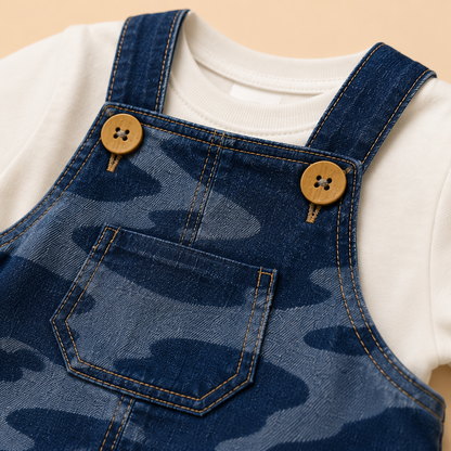 ⭕️Overol Camo Denim Bebé – Peto Corto Camuflado Azul con Camiseta Blanca y Broches
