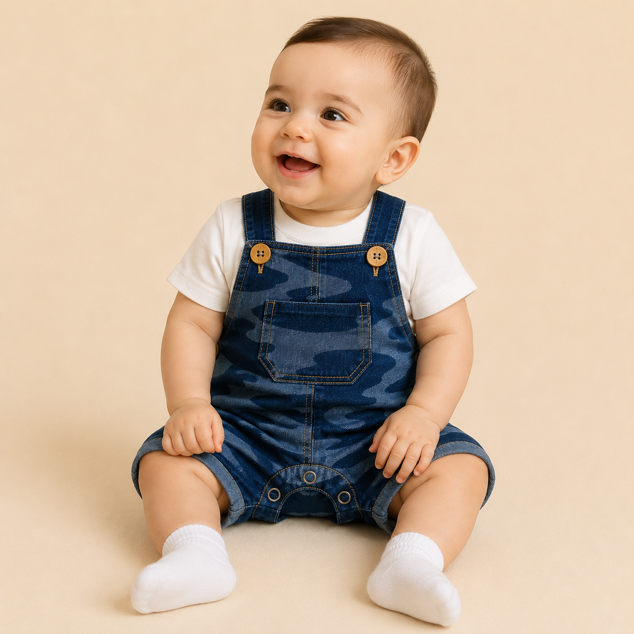 ⭕️Overol Camo Denim Bebé – Peto Corto Camuflado Azul con Camiseta Blanca y Broches