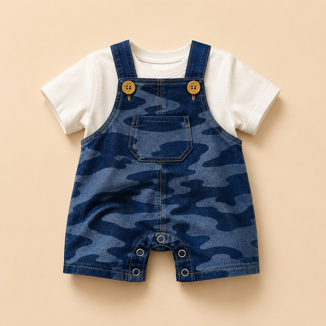 ⭕️Overol Camo Denim Bebé – Peto Corto Camuflado Azul con Camiseta Blanca y Broches