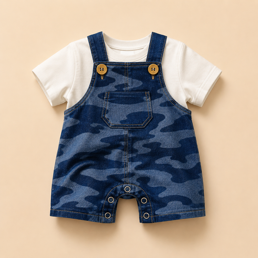 ⭕️Overol Camo Denim Bebé – Peto Corto Camuflado Azul con Camiseta Blanca y Broches