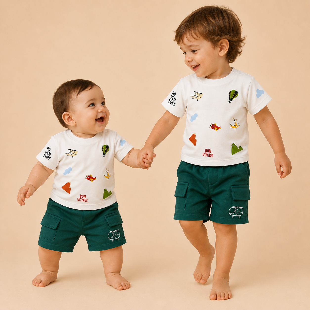 ⚪️ Conjunto Adventure Bon Voyage Bebé – Camiseta Blanca y Short Cargo Verde