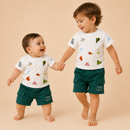 ⚪️ Conjunto Adventure Bon Voyage Bebé – Camiseta Blanca y Short Cargo Verde