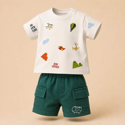 ⚪️ Conjunto Adventure Bon Voyage Bebé – Camiseta Blanca y Short Cargo Verde