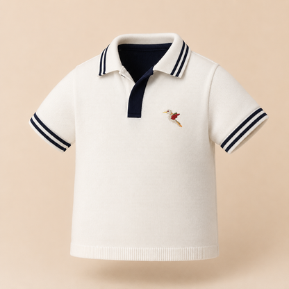 ⚪️ Polo Tejido Bebé Niño | Blanco con Bordado Colibrí | Mara Baby