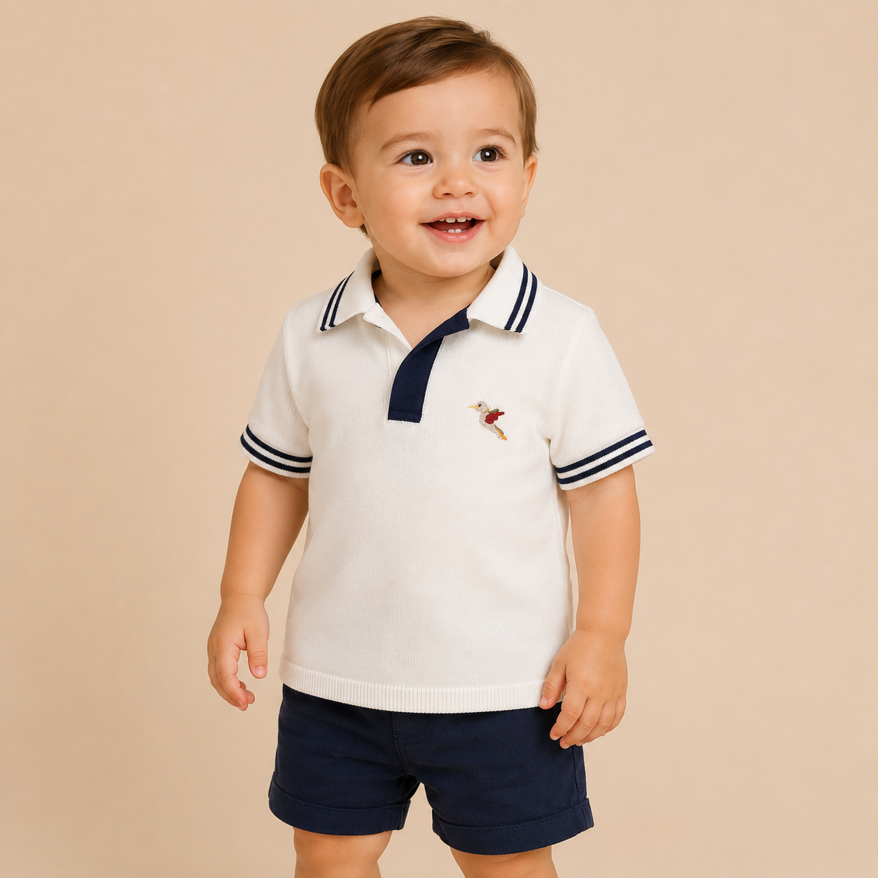⚪️ Polo Tejido Bebé Niño | Blanco con Bordado Colibrí | Mara Baby