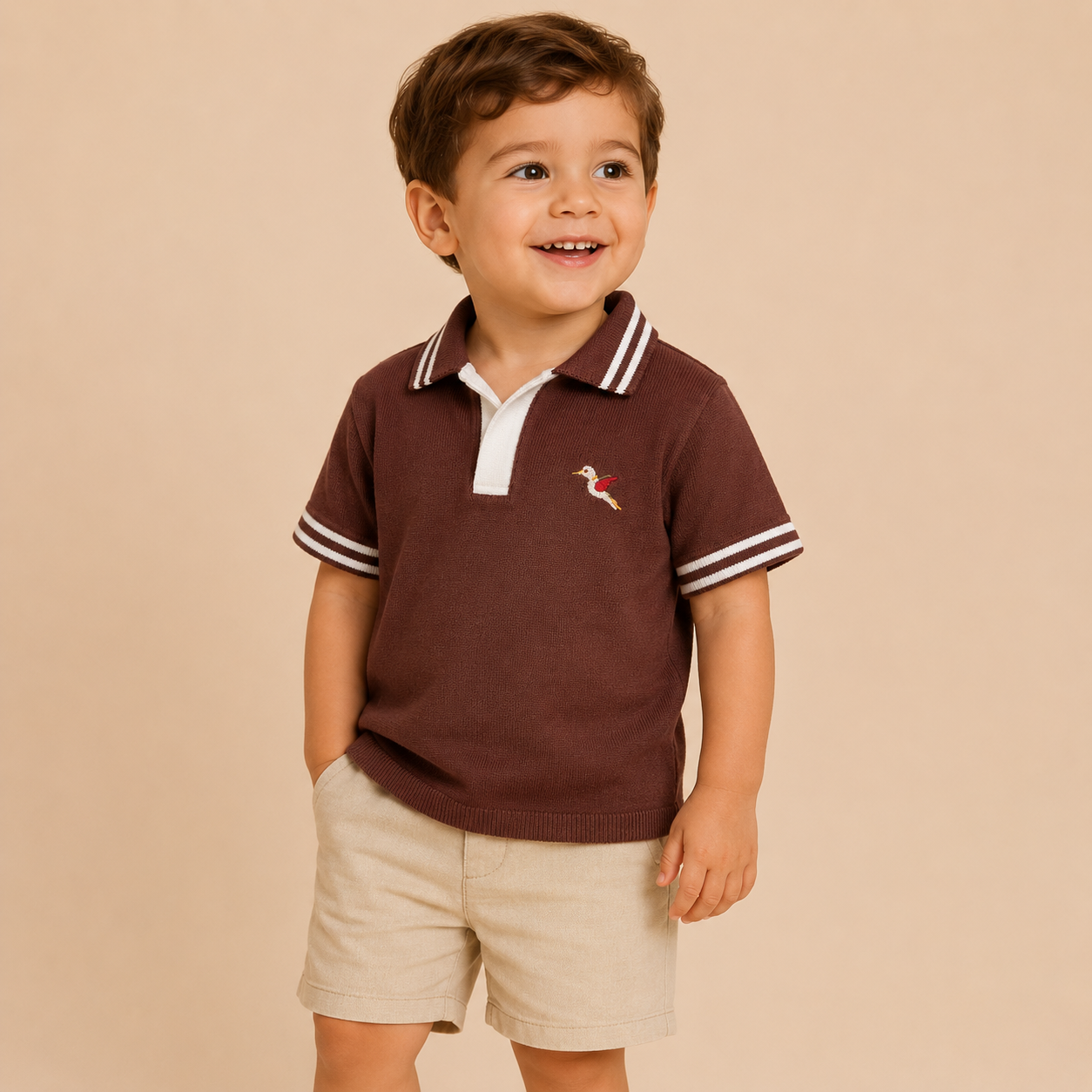 ⚪️ Polo Tejido Bebé Niño | Café con Bordado Colibrí | Mara Baby