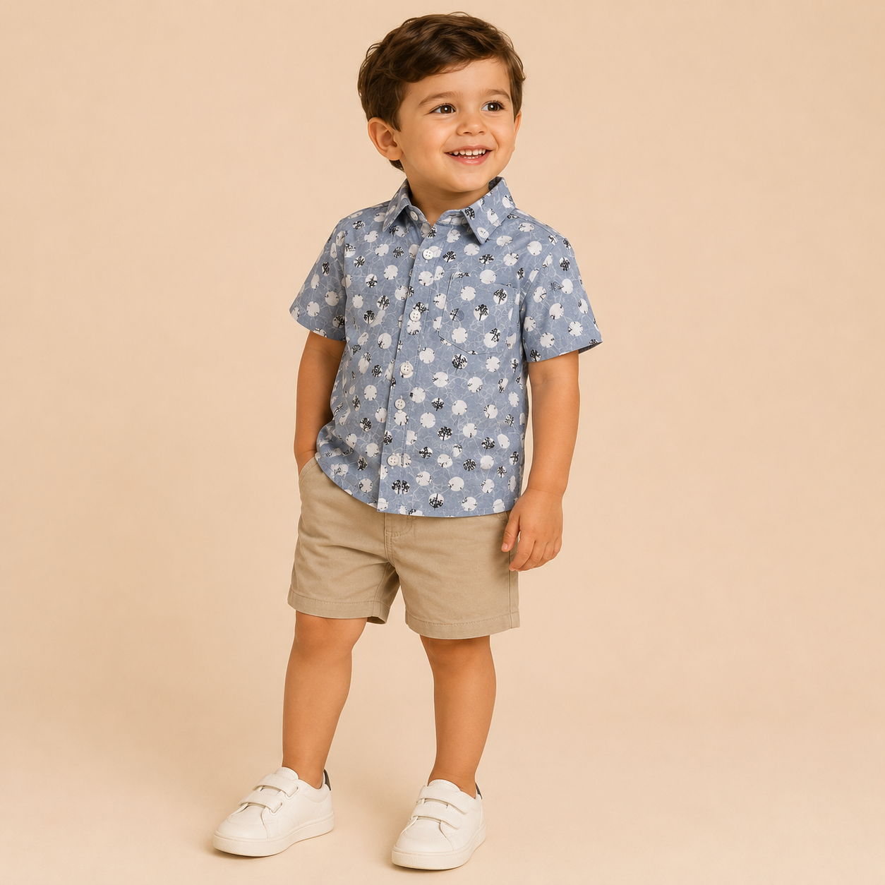 ⭕️Conjunto 2 Piezas Naty Gris | Camisa Estampada + Short Khaki | Mara Baby