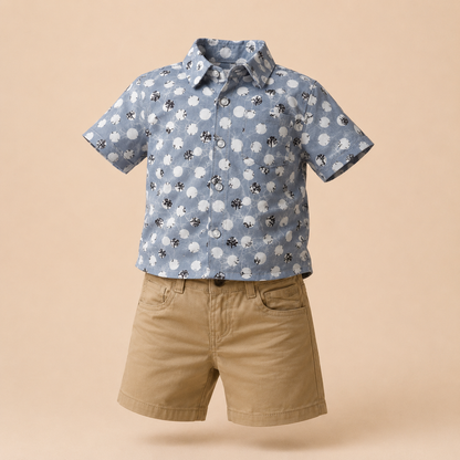 ⭕️Conjunto 2 Piezas Naty Gris | Camisa Estampada + Short Khaki | Mara Baby