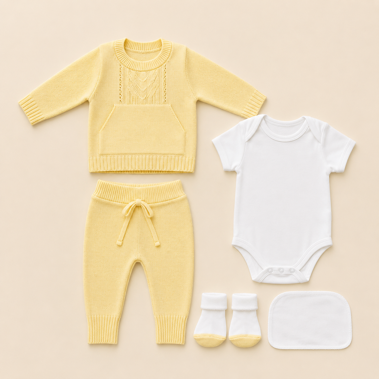 Conjunto Primera Muda Tejido Ref. Alana – Amarillo | Mara Baby