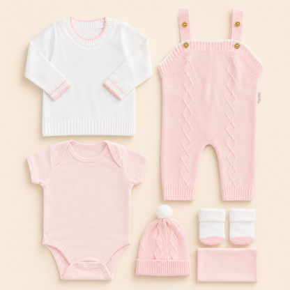 Conjunto Primera Muda Tejido Ref. Wally – Rosa | Mara Baby