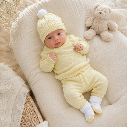 ⚪️ Ajuar Tejido de Lujo para Recién Nacido – Set 7 Piezas Color Amarillo | Mara Baby
