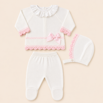 Conjunto Tejido Bebé Niña Blanco y Rosa 3 Piezas con Gorrito