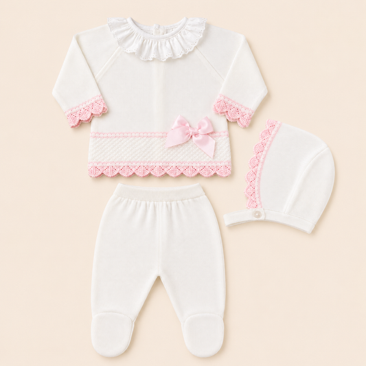 Conjunto Tejido Bebé Niña Blanco y Rosa 3 Piezas con Gorrito
