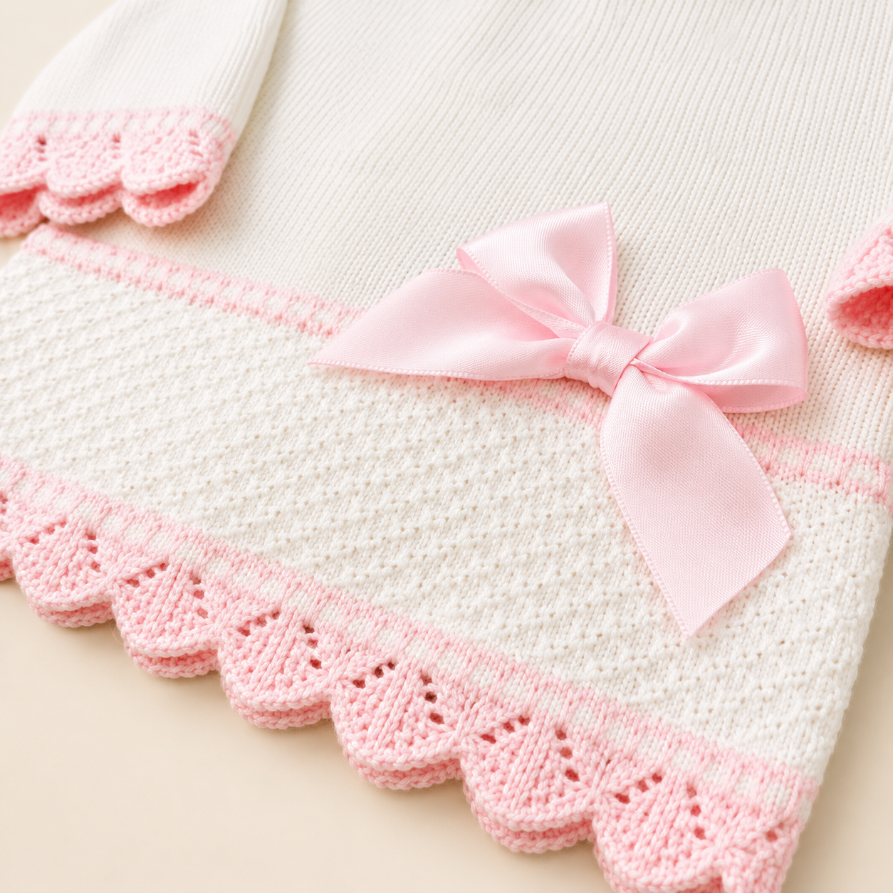 Conjunto Tejido Bebé Niña Blanco y Rosa 3 Piezas con Gorrito