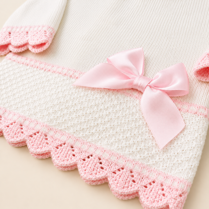 Conjunto Tejido Bebé Niña Blanco y Rosa 3 Piezas con Gorrito