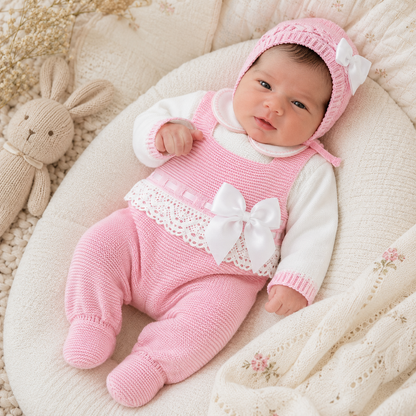 Conjunto Tejido Bebé Niña Rosa y Blanco 3 Piezas con Encaje y Moño