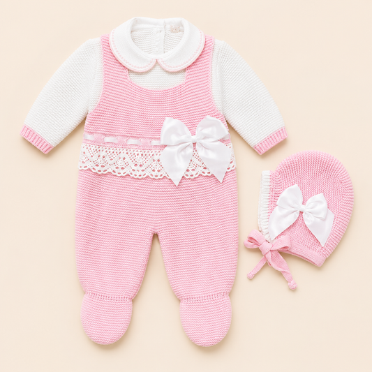 Conjunto Tejido Bebé Niña Rosa y Blanco 3 Piezas con Encaje y Moño