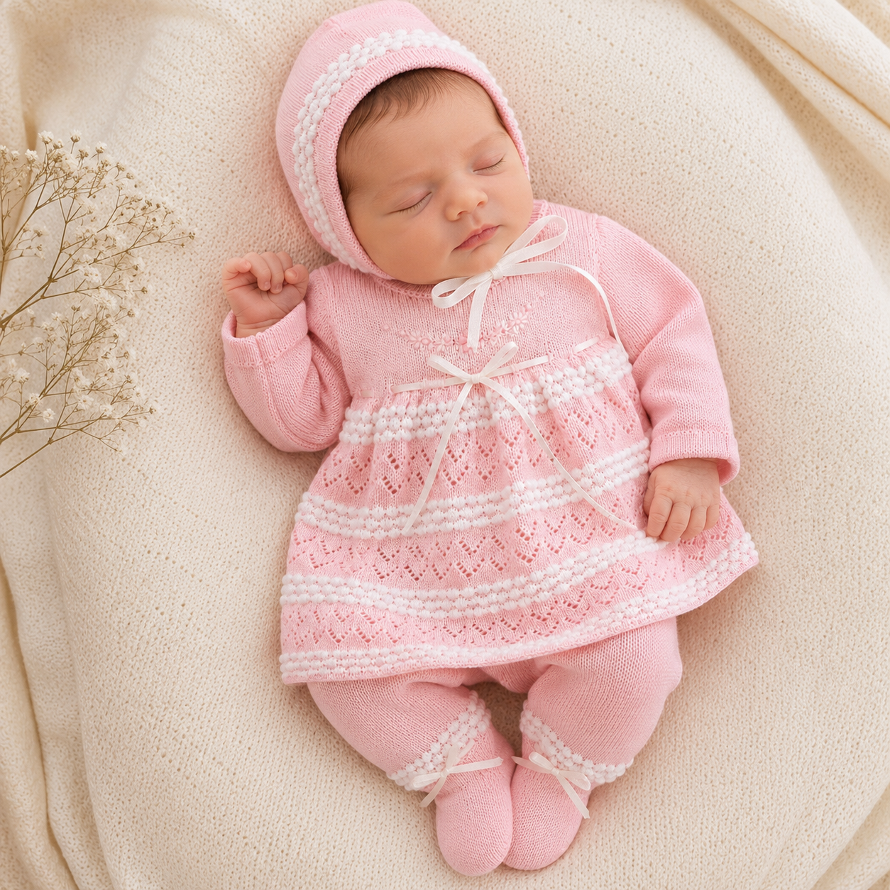 Conjunto Tejido Primer Día Bebé Niña 5 Piezas Rosa