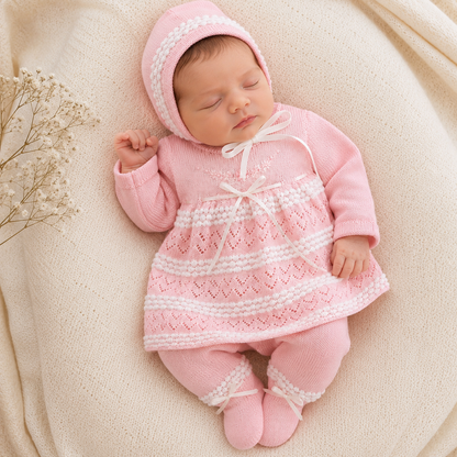 Conjunto Tejido Primer Día Bebé Niña 5 Piezas Rosa