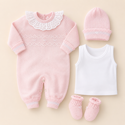 Mameluco Tejido Rosa para Bebé Niña Recién Nacida - 4 Piezas con Gorro y Escarpines | Mara Baby
