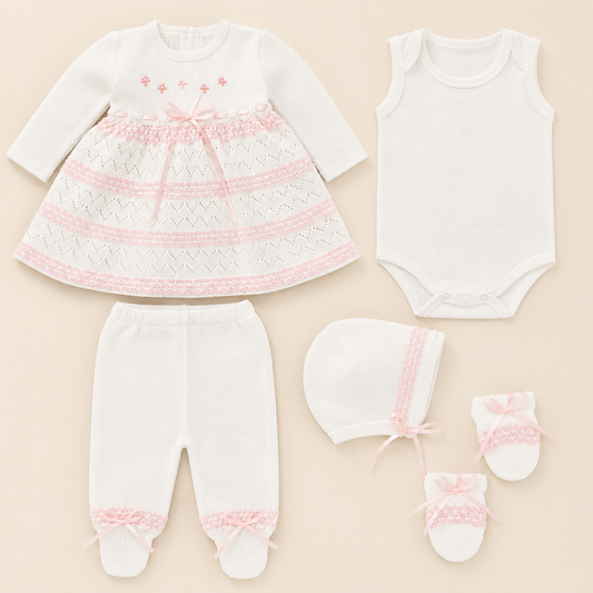 Conjunto Tejido Recién Nacida Blanco y Rosa 5 Piezas | Mara Baby