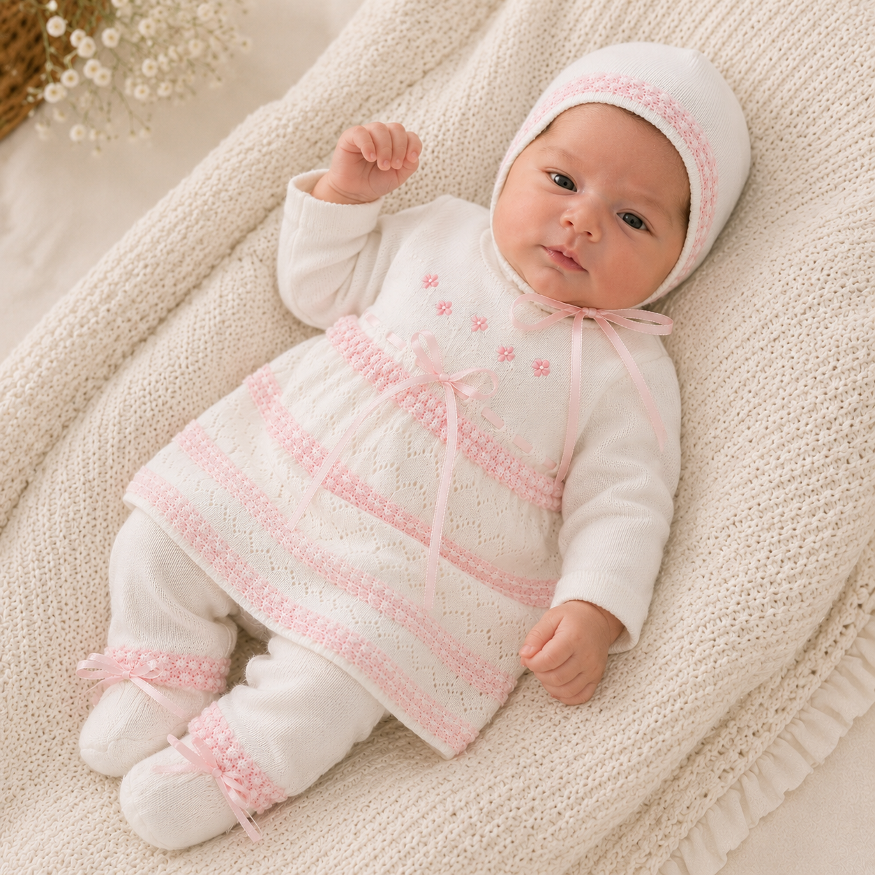 Conjunto Tejido Recién Nacida Blanco y Rosa 5 Piezas | Mara Baby