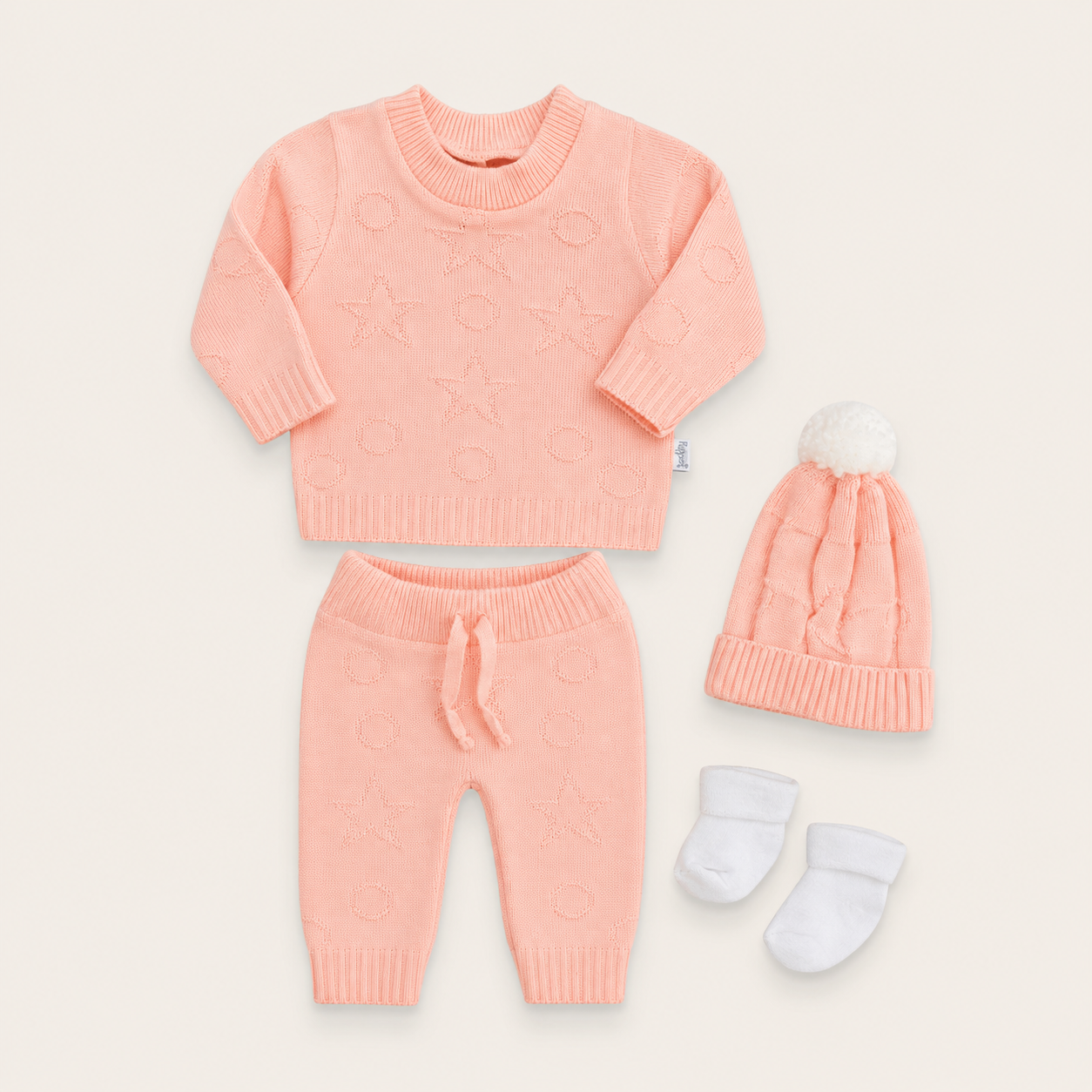 Conjunto Tejido Salmón Bebé 4 Piezas - Suéter, Pantalón, Gorro y Medias | Mara Baby