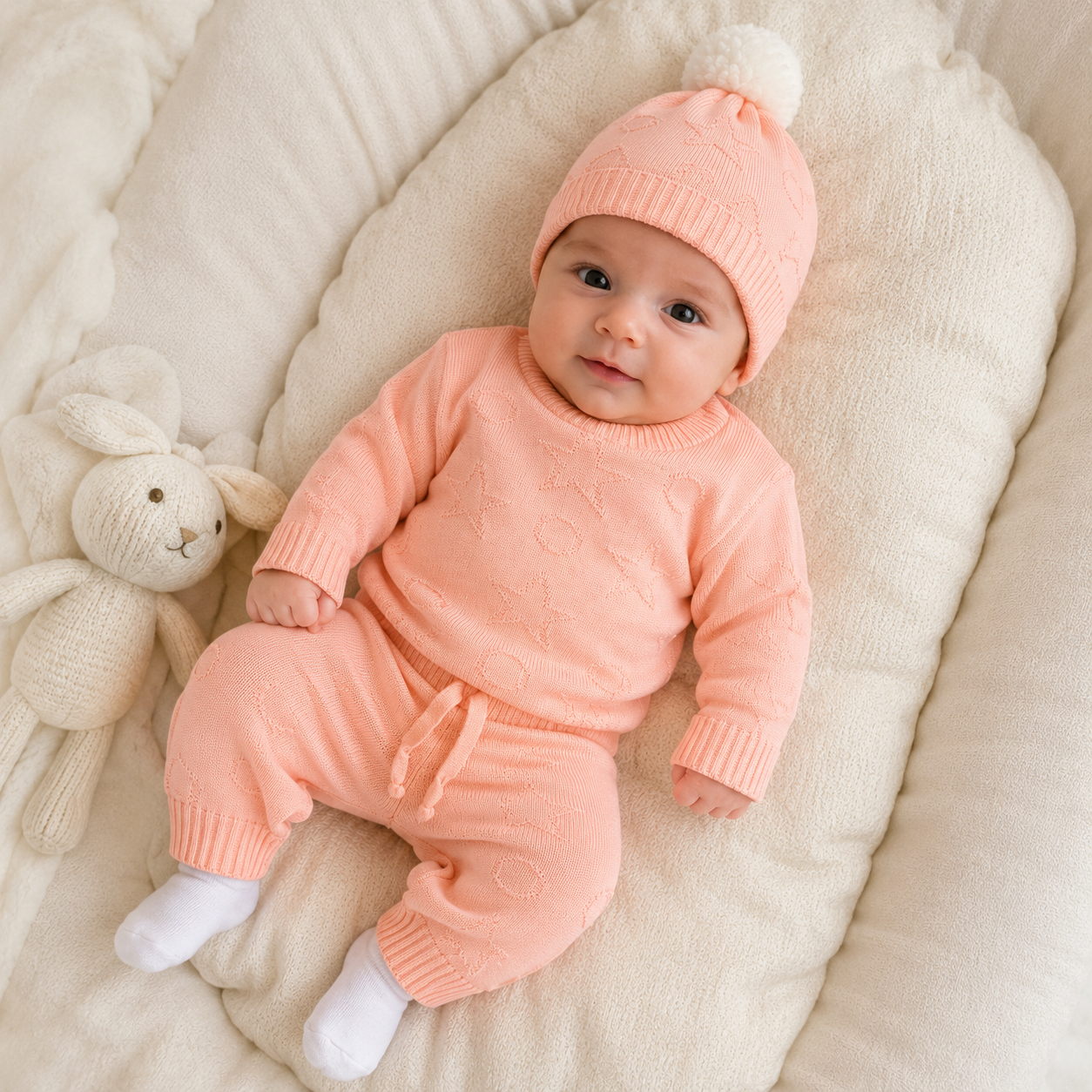 Conjunto Tejido Salmón Bebé 4 Piezas - Suéter, Pantalón, Gorro y Medias | Mara Baby