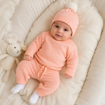 Conjunto Tejido Salmón Bebé 4 Piezas - Suéter, Pantalón, Gorro y Medias | Mara Baby