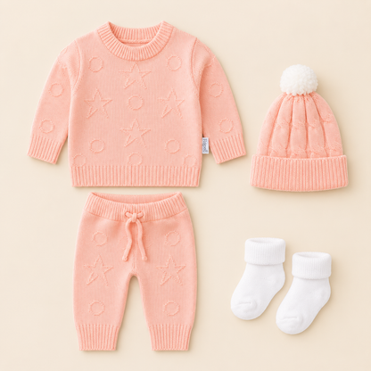 Conjunto Tejido Salmón Bebé 4 Piezas - Suéter, Pantalón, Gorro y Medias | Mara Baby