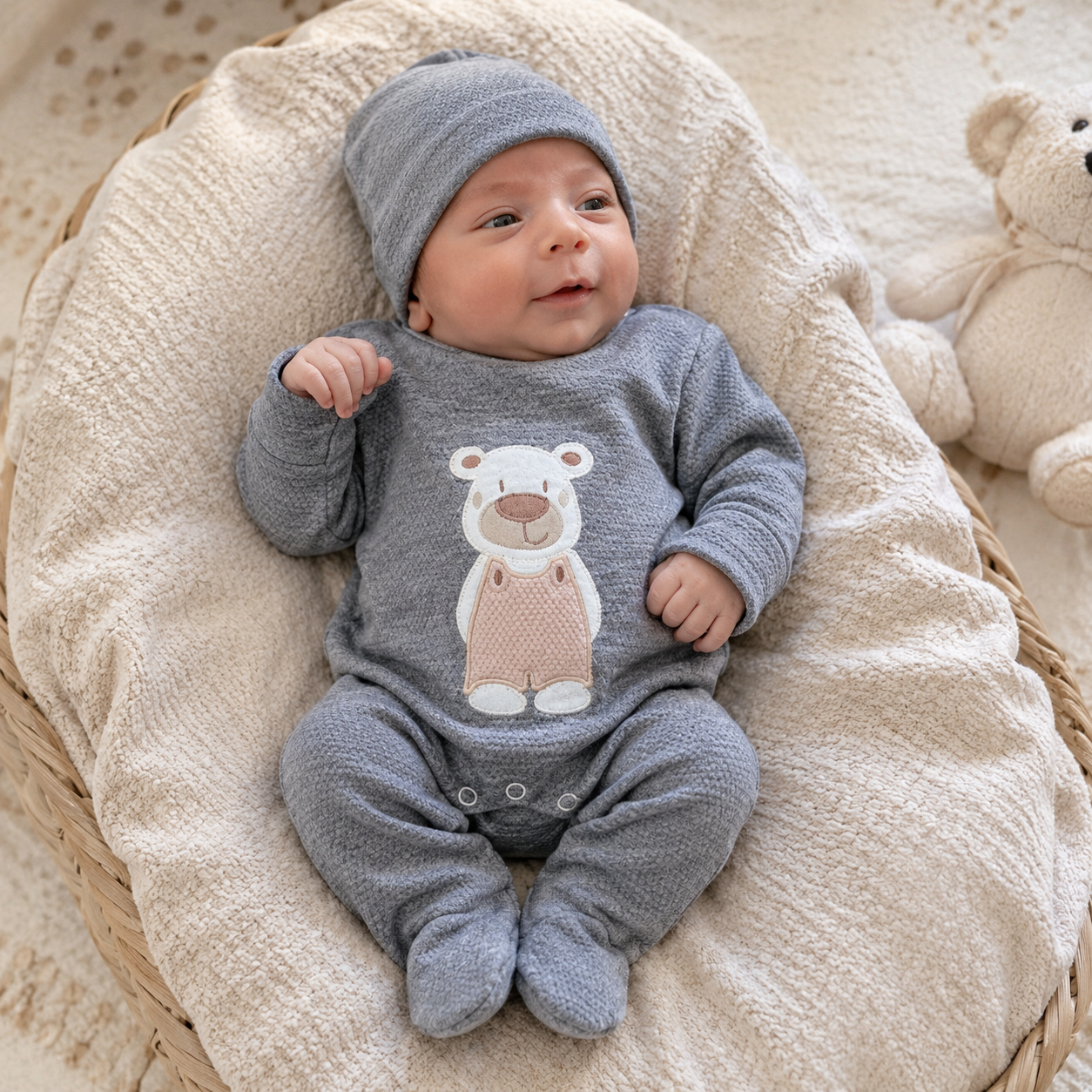 ⭕️ Ajuar Osito Bebé Niño 7 Piezas Gris - Enterizo, Body, Pantalón, Gorro, Manoplas y Manta | Mara Baby