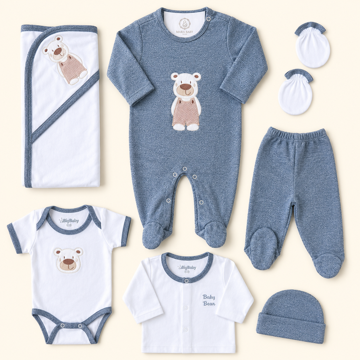 ⭕️ Ajuar Osito Bebé Niño 7 Piezas Gris - Enterizo, Body, Pantalón, Gorro, Manoplas y Manta | Mara Baby