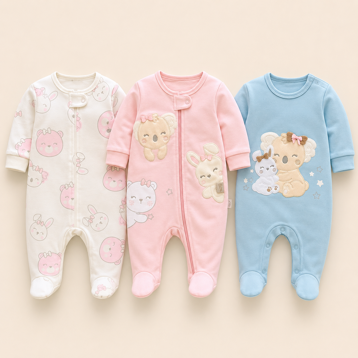 Set 3 Pijamas Enterizas con Piecitos para Bebe Nina -Chocomiel