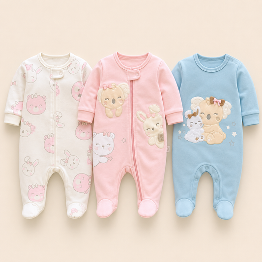 Set 3 Pijamas Enterizas con Piecitos para Bebe Nina -Chocomiel