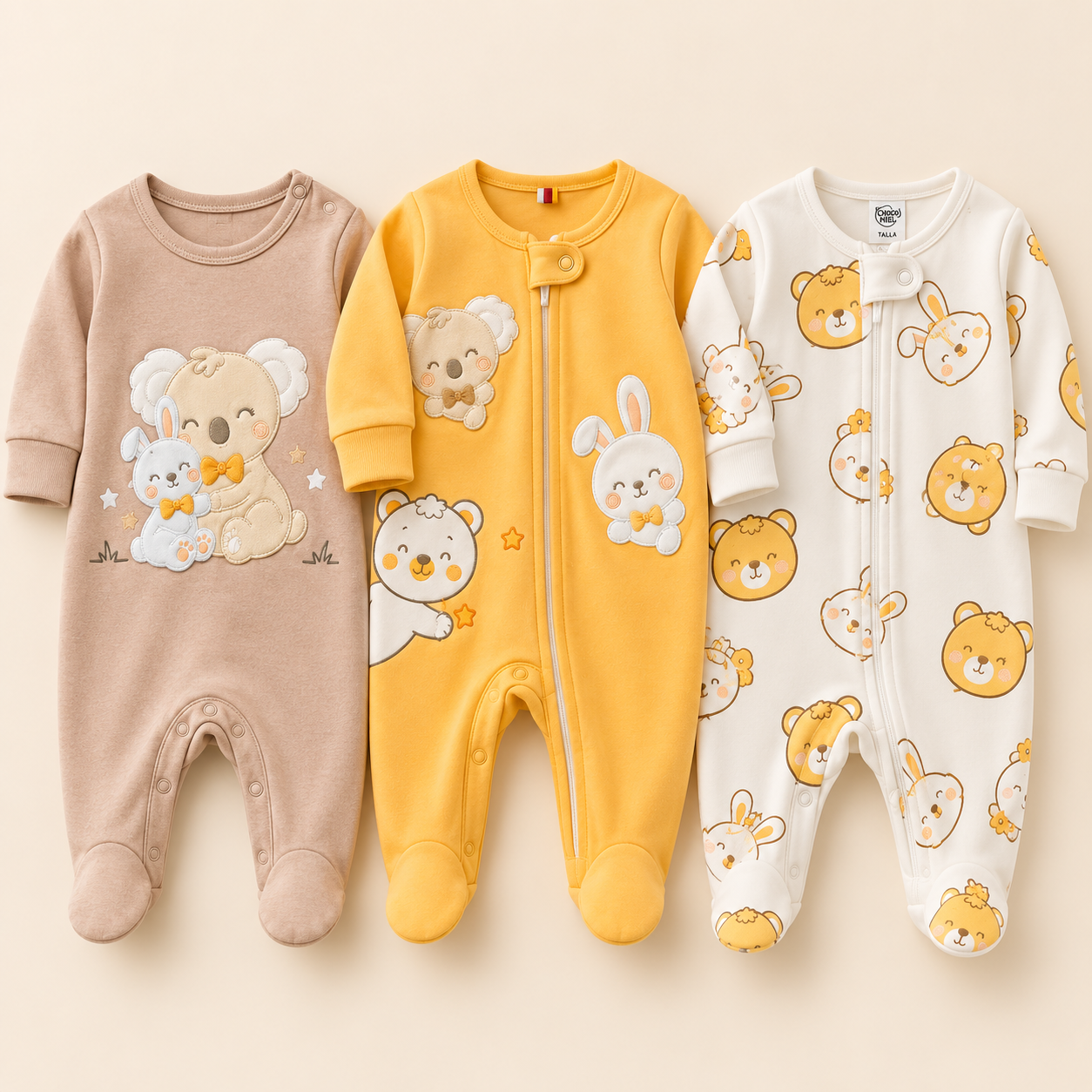 Set 3 Pijamas Enterizas con Piecitos Bebe - Chocomiel Osito Koala y Conejito