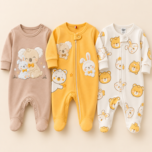 Set 3 Pijamas Enterizas con Piecitos Bebe - Chocomiel Osito Koala y Conejito
