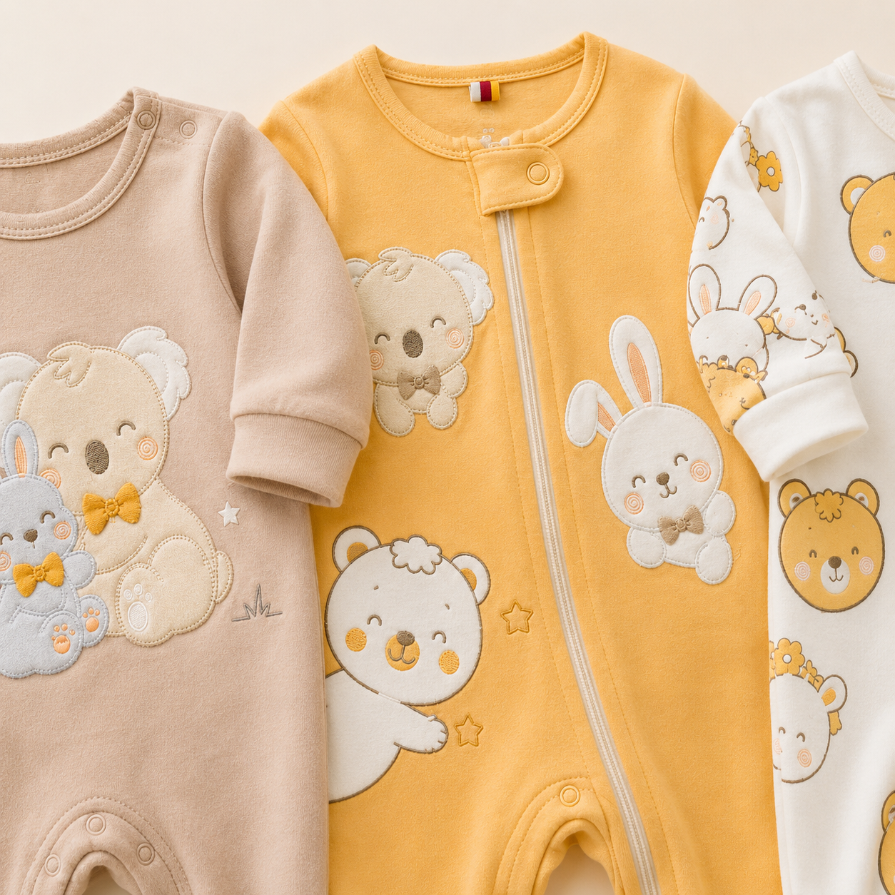 Set 3 Pijamas Enterizas con Piecitos Bebe - Chocomiel Osito Koala y Conejito