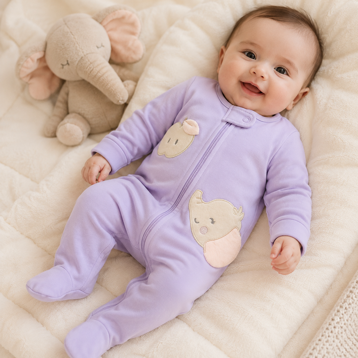 Set 3 Pijamas Enterizas Bebe Nina con Piecitos - Aplique Manzana y Elefante | Algodon Suave
