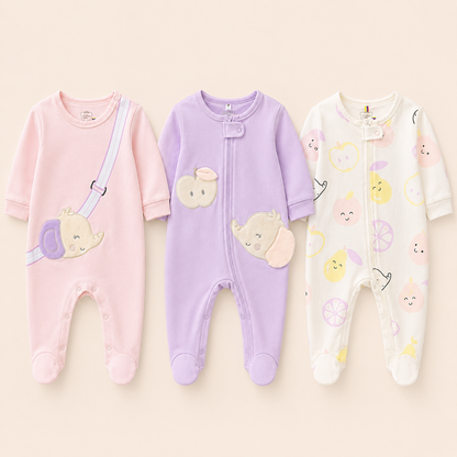 Set 3 Pijamas Enterizas Bebe Nina con Piecitos - Aplique Manzana y Elefante | Algodon Suave