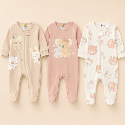 Set 3 Pijamas Enterizas Bebe Nina - Koala, Conejo y Oso | Manga Larga con Piecitos