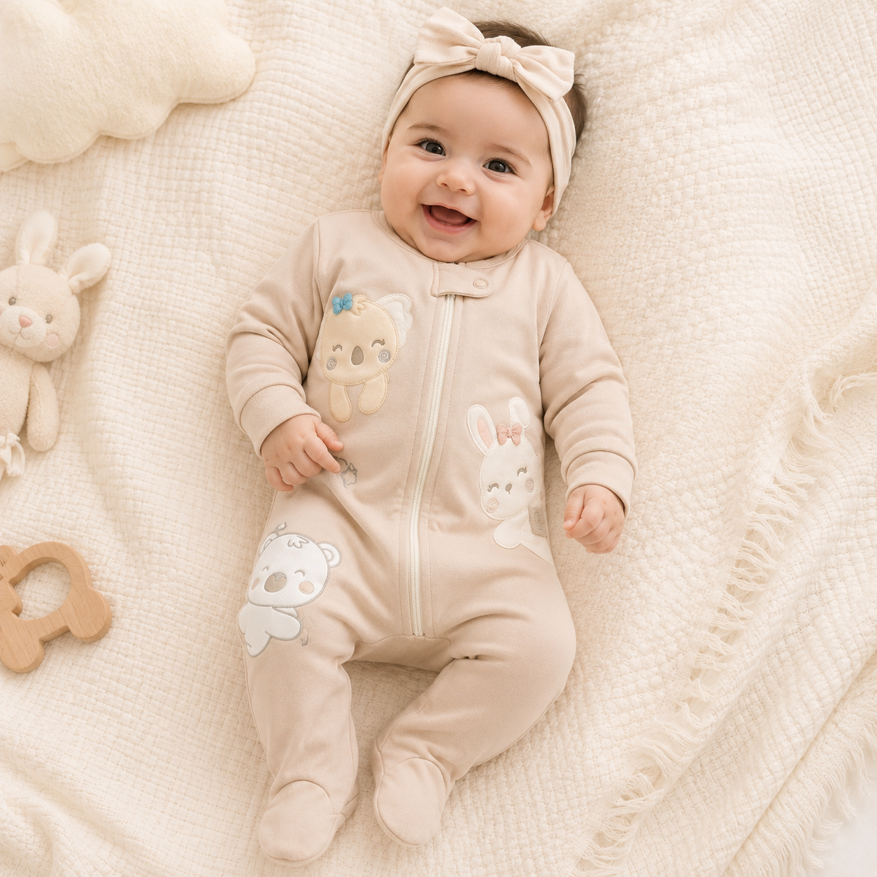 Set 3 Pijamas Enterizas Bebe Nina - Koala, Conejo y Oso | Manga Larga con Piecitos