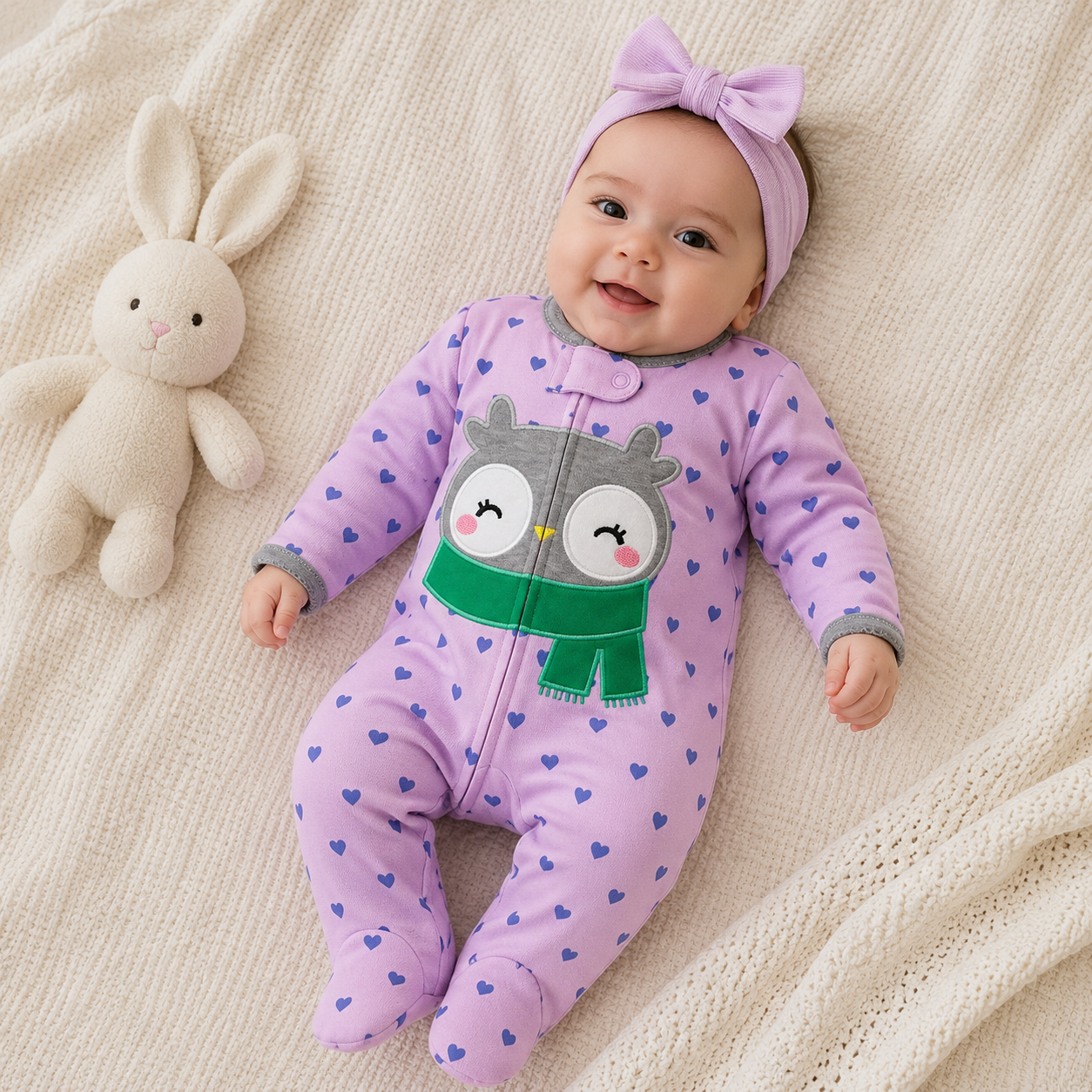 Enterizo Bebe Nina Lila Corazones Buho Bufanda Verde con Piecitos