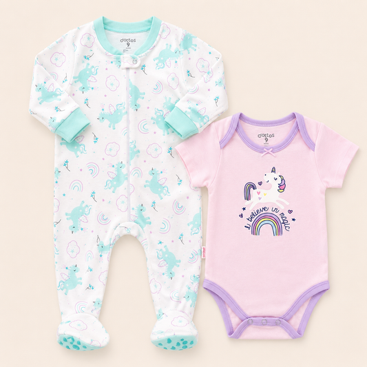 Detalle cuello enterizo unicornios menta y body rosado lila set bebe nina Mara Baby