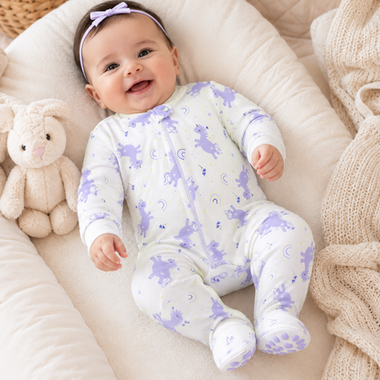 Conjunto Pijama Unicornio Lila Bebe Nina - Sleepsuit con Pies + Body Rosa | Mara Baby